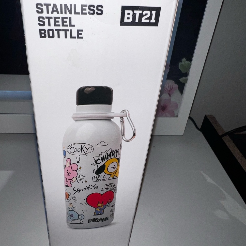 BT21 Stainless Steel Water Bottle - White with Colorful Characters